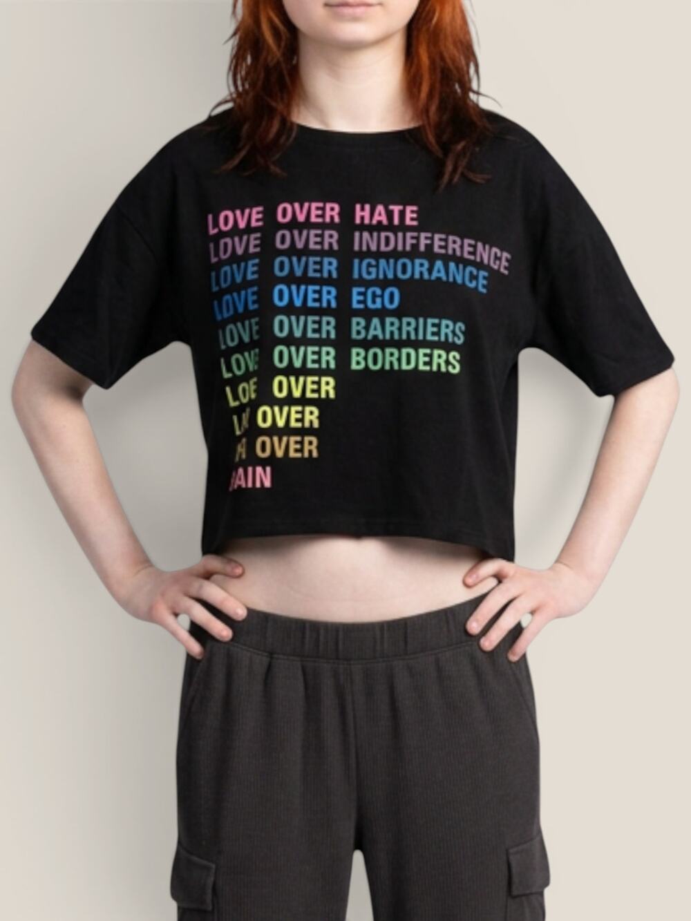 Rainbow Pride Crop Top Love Over Hate Graphic Tee Black Oversized Fits S